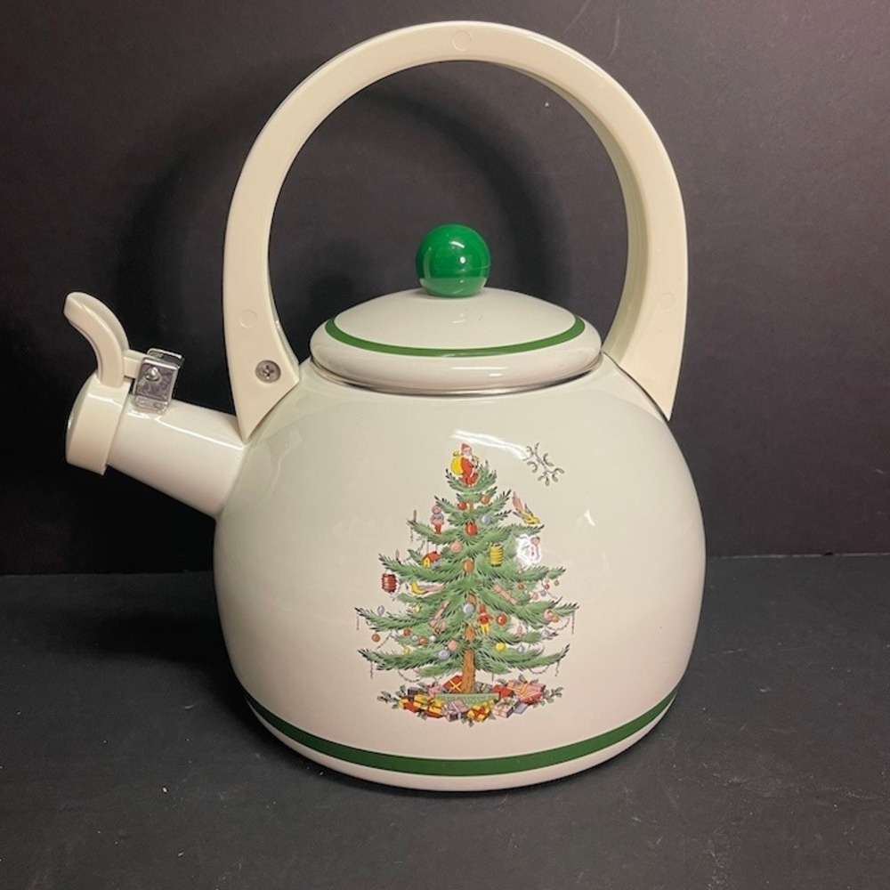 Vtg Spode Christmas Tree 2.5 Qt Enamel Whistling Tea Kettle Pristine Unused
